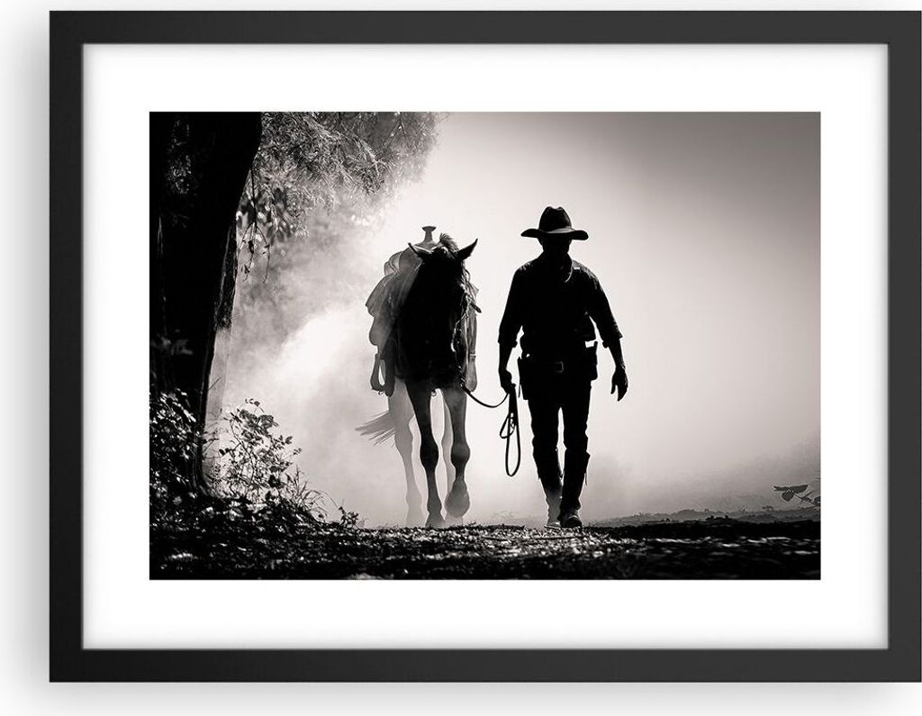 Gerahmtes Poster - Schwarzer Rahmen - Cowboy Pferd Shady - 40x30 cm - Wand Bild - Wanddeko - Wandbilder - Kunstposter - Wandposter - Bilderrahmen -...