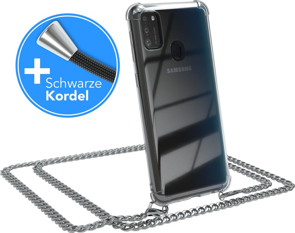 EAZY CASE Metall Handykette für Samsung Galaxy M30s / M21, Handyhülle mit Umhängeband, Silikonhülle, Metallkette für Smartphone in Silber