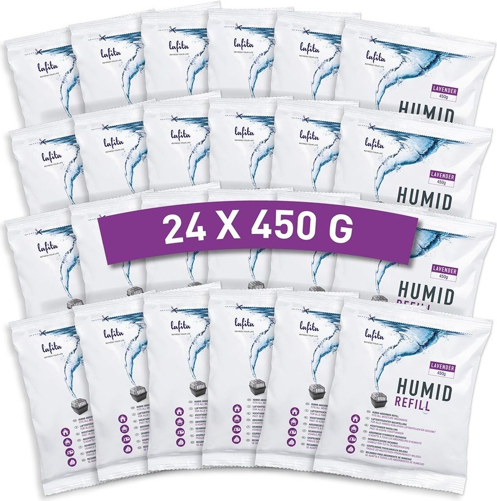 24x Lafita Luftentfeuchter Nachfüllung - 450 Gramm - Lavendelduft - Granulat - Feuchtigkeit Absorber Nachfüllpack