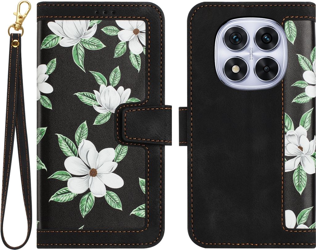 Für Xiaomi Redmi Note 14 Pro 5G Kunstleder Wallet Handy Tasche Blumen Design Hülle Etuis Schwarz