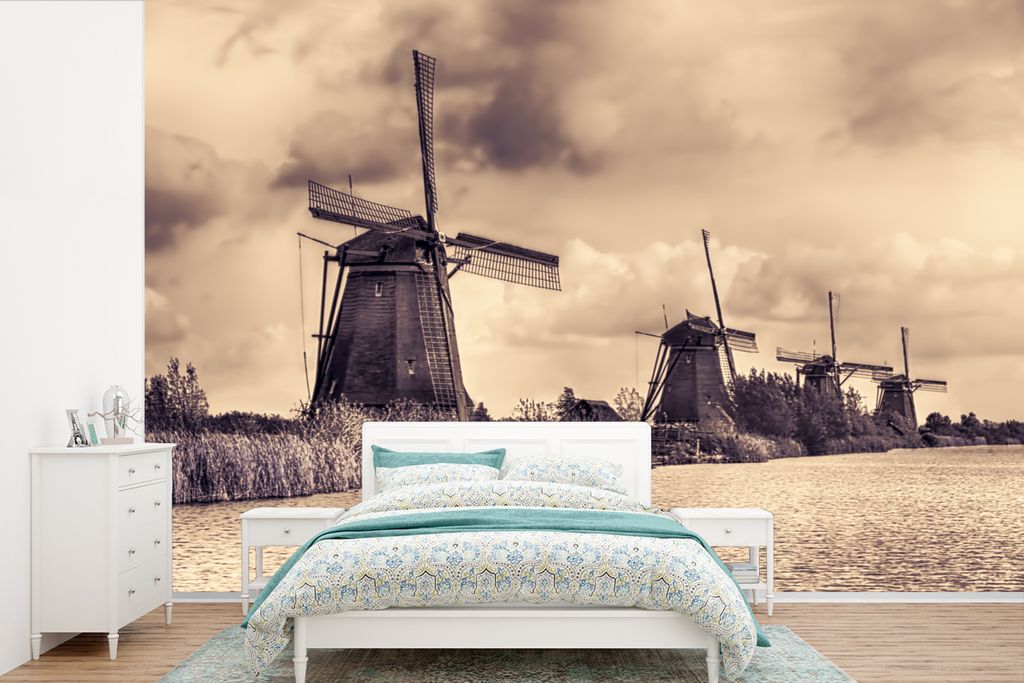 MuchoWow Fototapete für Wohnzimmer oder Schlafzimmer Wandtapete Vinyl Motivtapete Mühlen - Wasser - Niederlande - 420x280 cm - Zimmer für Kinder