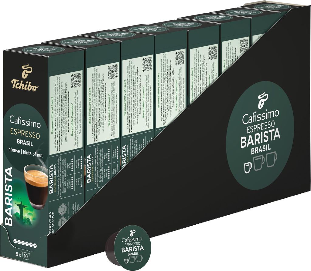 Tchibo Cafissimo Vorratsbox Espresso Brasil Kaffeekapseln, 80 Stück – 8 x 10 Kapseln (Espresso, ausdrucksstark mit Nussnote), nachhaltig & fair ...