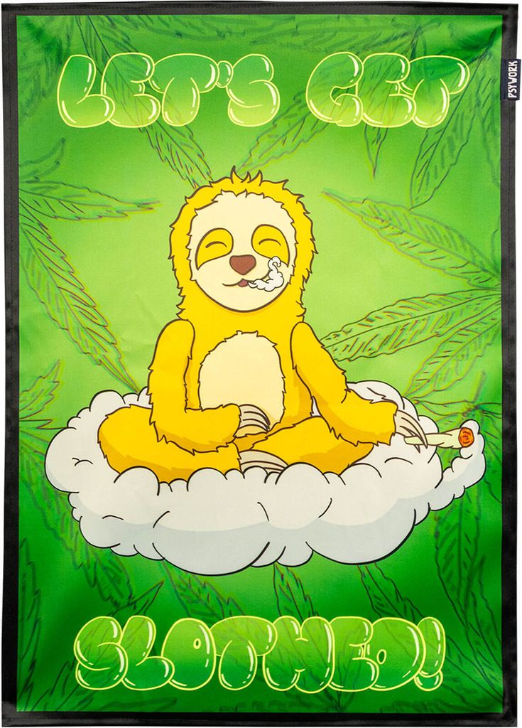 PSYWORK Schwarzlicht Stoffposter Neon "Faultier Joint Weed", 50x70cm
