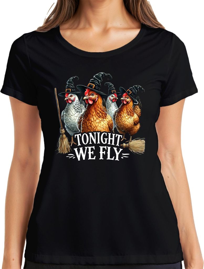 Tonight We Fly Hexenhühner Halloween Hexenhut Besen Spaß lustig Damen T-Shirt, Schwarz, M