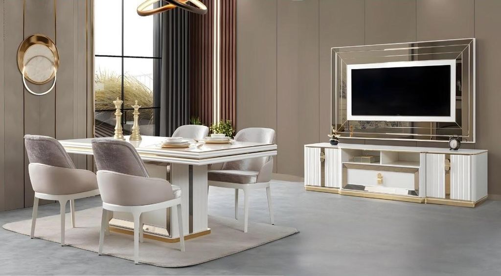 Weiße Esszimmer Garnitur Polsterstühle Designer Esstisch TV-Ständer