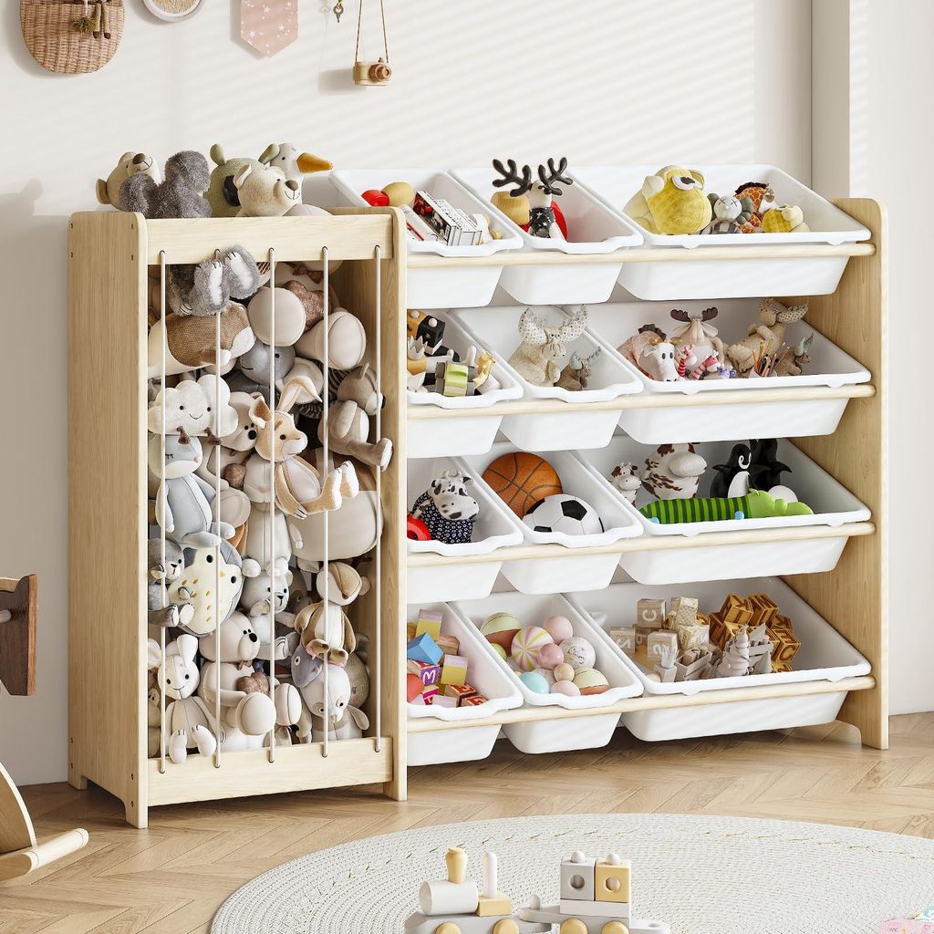 Spielzeug-Organizer 2-in-1, 12 Behälter, Kiefernholz, 120x28x80 cm