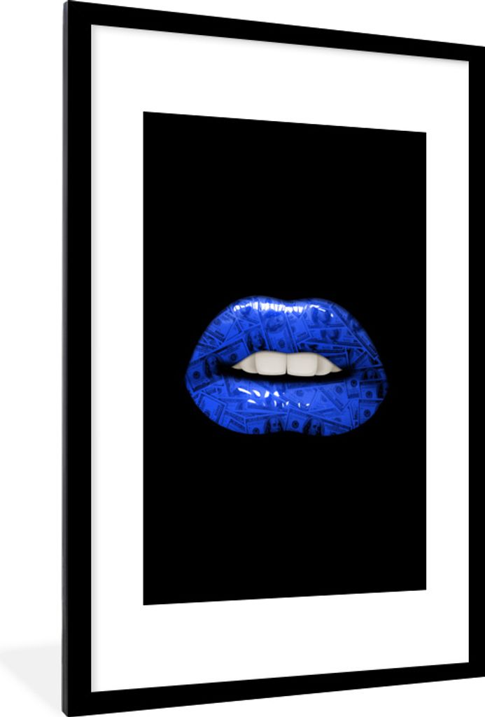 MuchoWow MuchoWow Gerahmtes Poster Lippen - Geld - Blau 60x90 cm - Poster mit zchwarzem Bilderrahmen - Dekoration - Wandposter Wohnzimmer - Hoc...