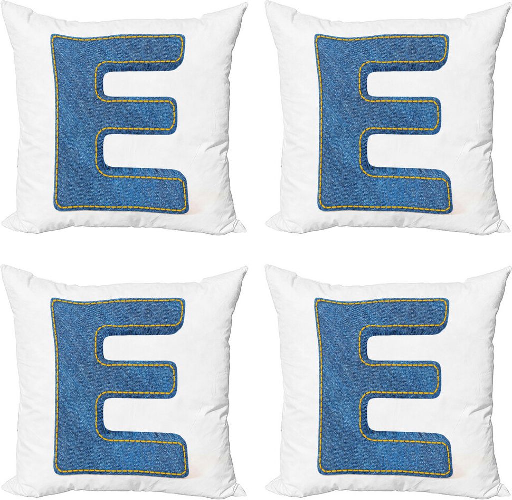 ABAKUHAUS Buchstabe E Kissenbezug Set (4 Stück), Denim Blue Jeans E, Moderner Doppelseitiger Digitaldruck, 40 cm x 40 cm, Blau Gelb
