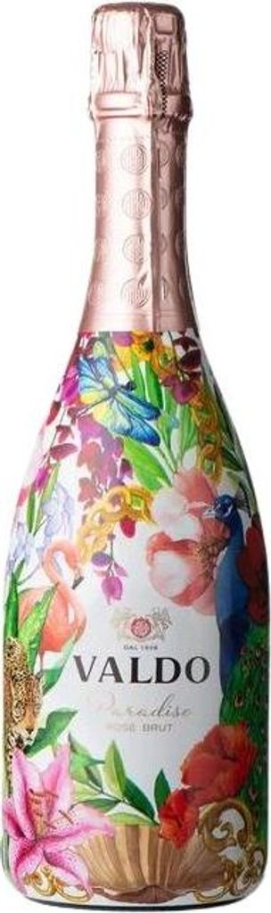 A bottle of Valdo Floral Paradise Rosé Spumante Brut Prosecco with a decorative floral and animal print.
