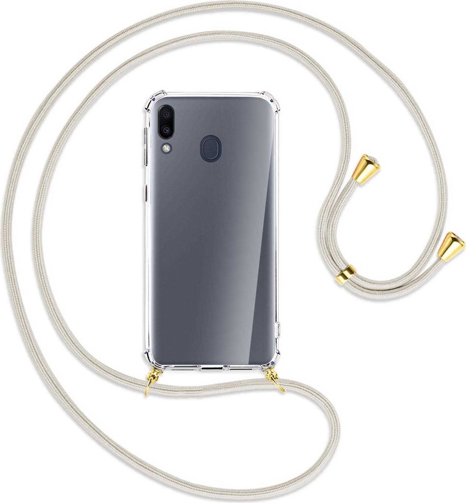 Handykette Backcover-Schutzhülle mit Band (Metall goldfarben) für Samsung Galaxy M20 - broken white