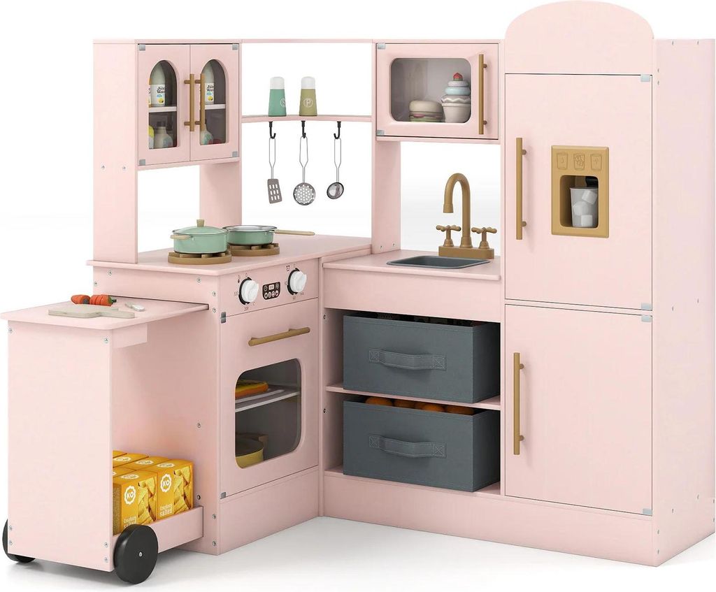 Eck-Kinderküche - Spielküche aus Holz - Ausziehbare Arbeitsplatte - Spüle, Herd/Backofen, Kühlschrank, Eiswürfelspender - Batteriebetrieben - ...