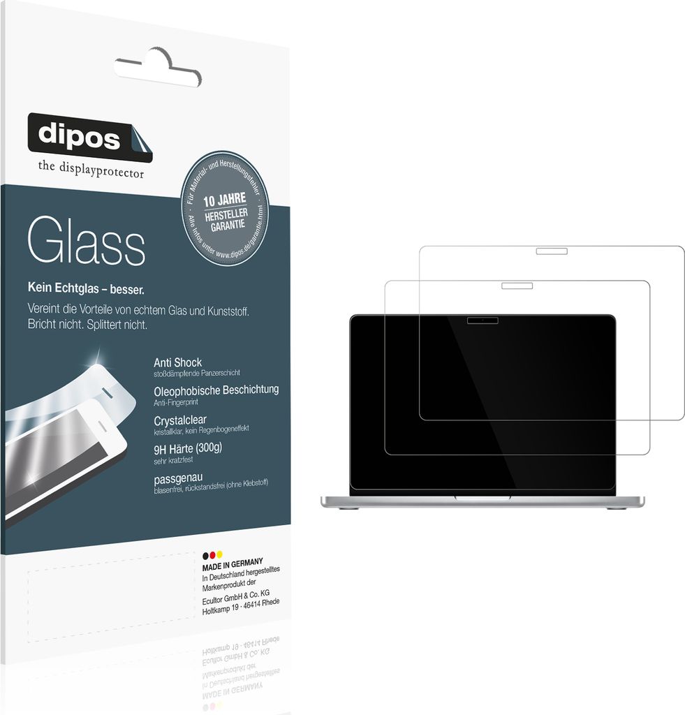 2x Schutzfolie für MacBook Pro M4 14 Zoll 2024 - Anti-Shock 9H Folie dipos Glass Kunststoffglas