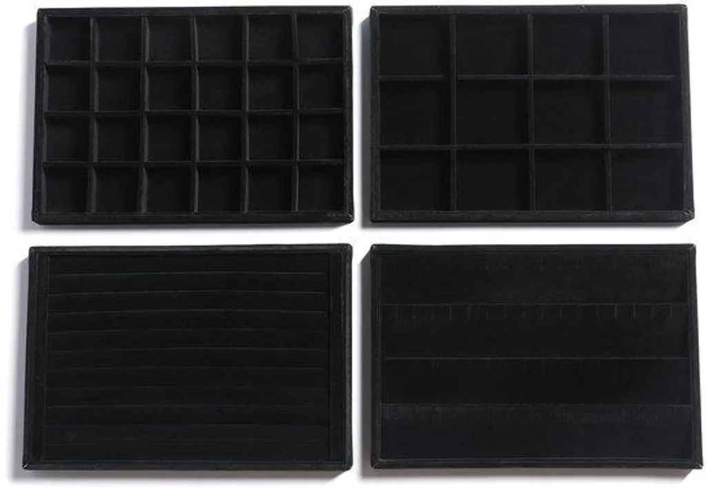 Rangement bijoux velours noir empilable avec compartiments - Set de 4
