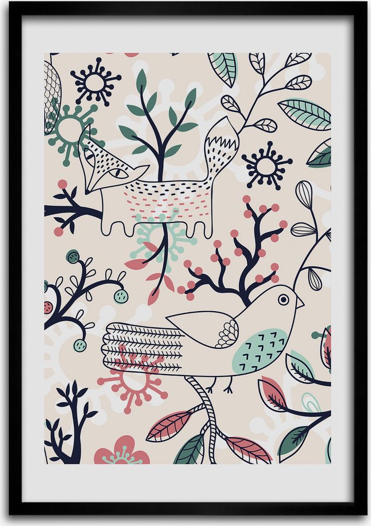 Bild - Bilderrahmen - 50 cm x 70 cm - MDF - Rahmen - Wandkunst Tiere und Blumen