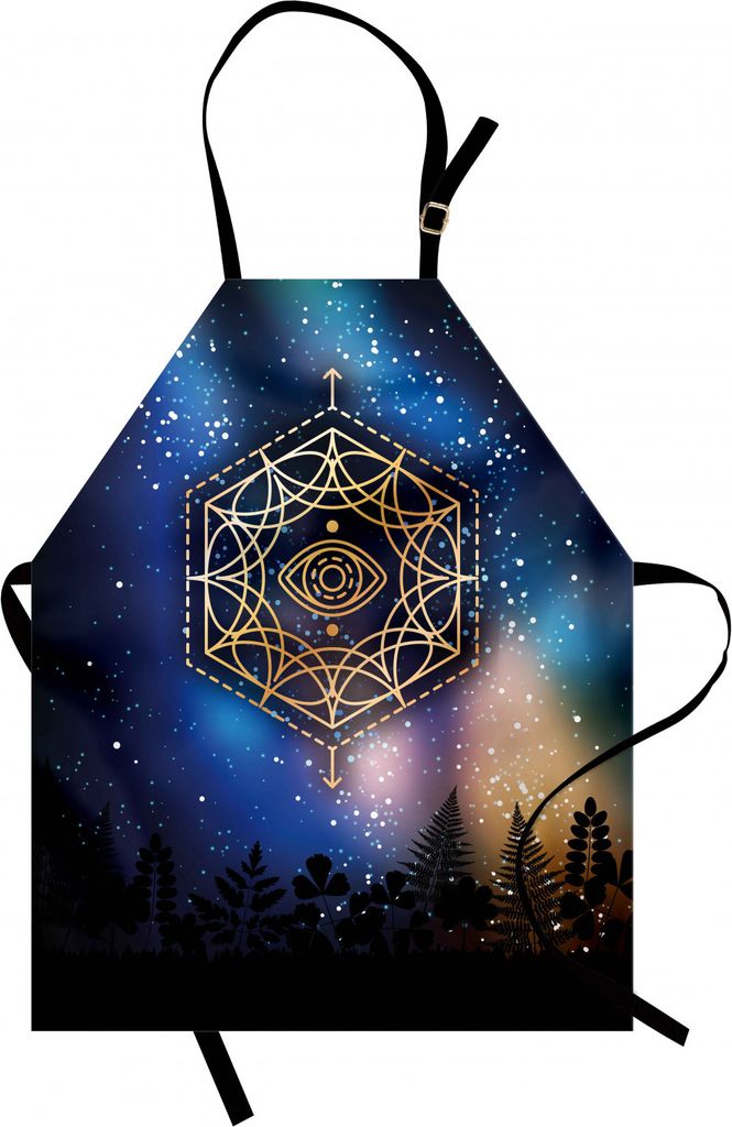 ABAKUHAUS Heilige Geometrie Kochschürze, Hexagon-Form mit der Augen-Ikone in der Mitte auf sternenklarem Nacht-Mystik-Bild, Farbfest Höhenverstel...