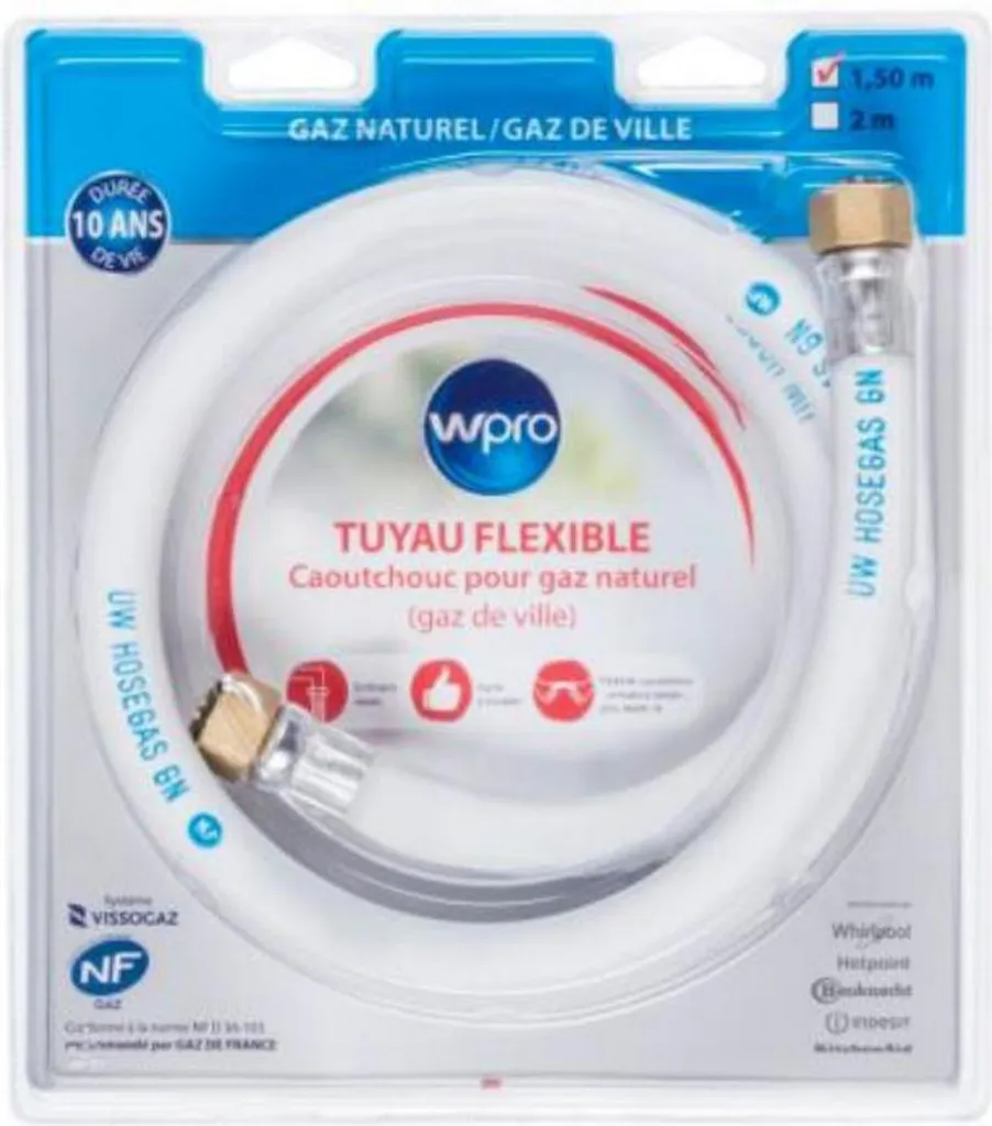 Flexible gaz naturel 1.5m en caoutchouc pour cuisinière et plaque Wpro