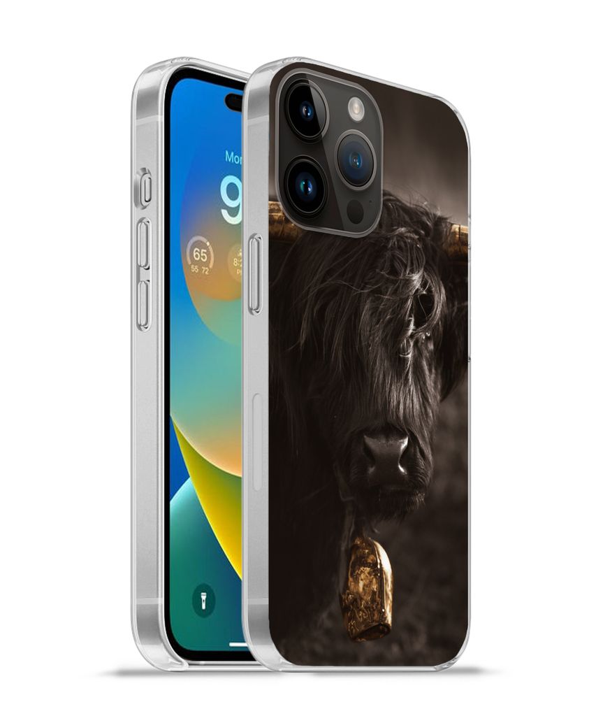 MuchoWow Handyhülle Schutzhülle Hülle für Apple iPhone 14 Pro Max Schottischer Highlander - Fell - Schwarz Silikon Softcase Handy Hülle - Ha...