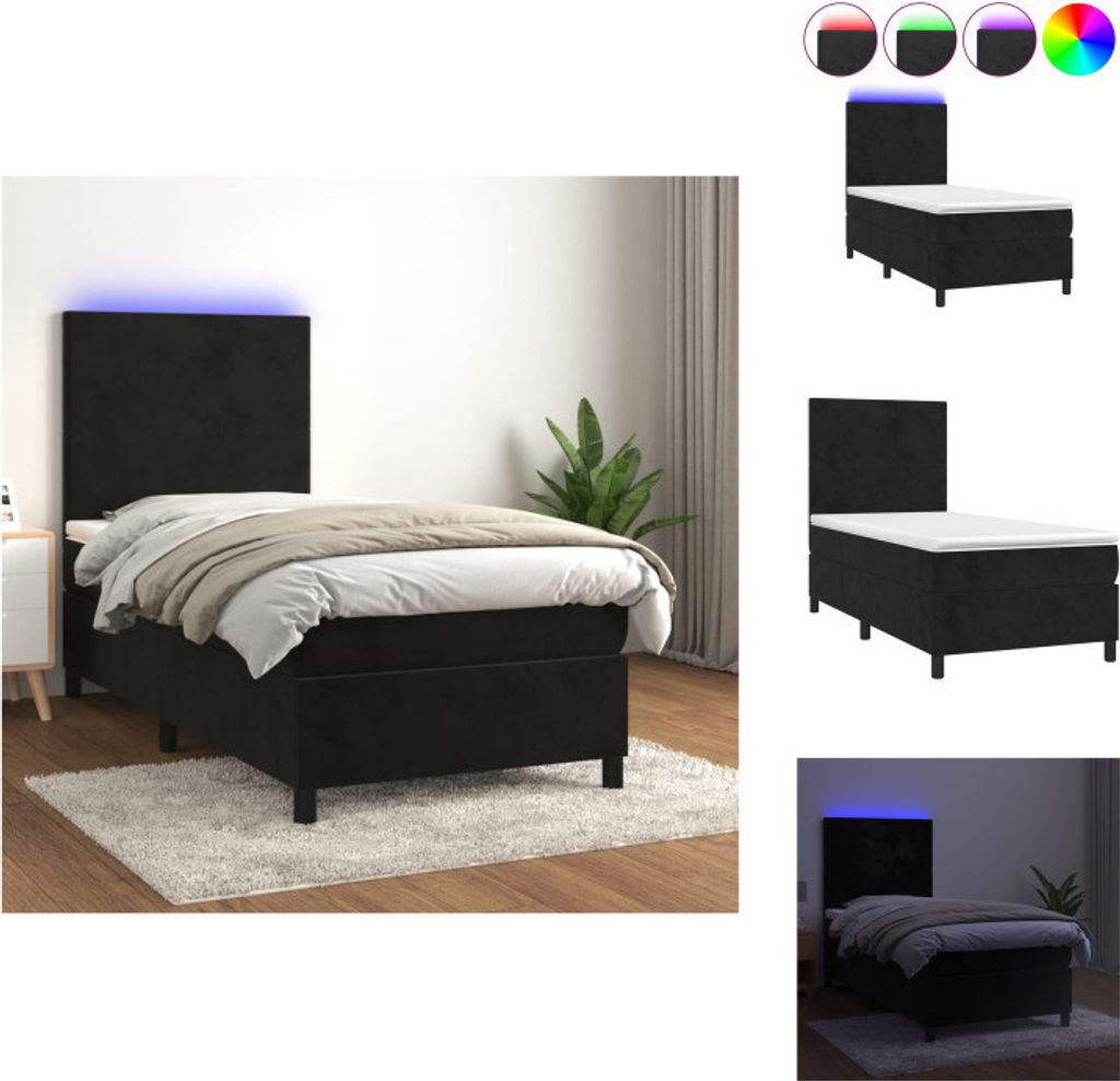 vidaXL Boxspringbett mit Matratze & LED Schwarz 100x200 cm Samt - Betten & Bettgestelle