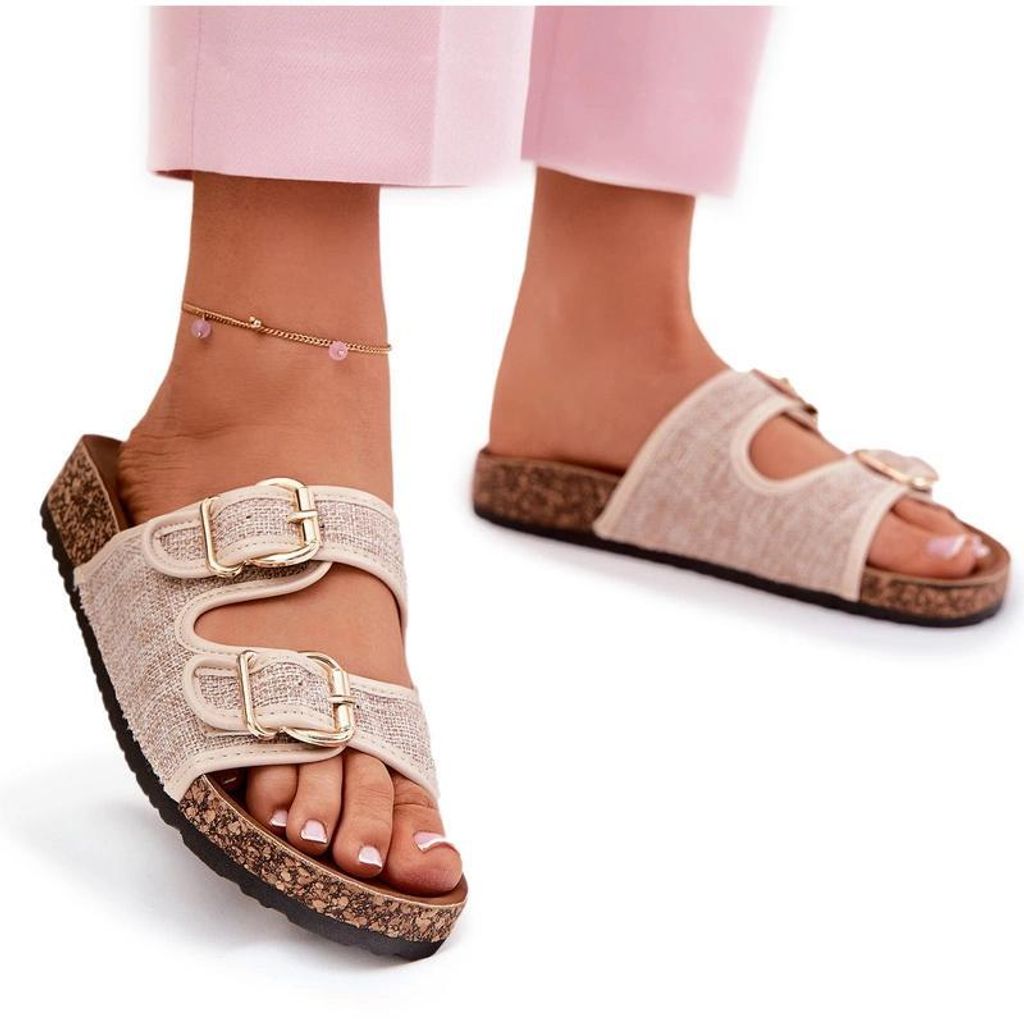 Damen Stoff Pantoletten Auf Korkplattform Mit Schnallen Beige Osoffe 39