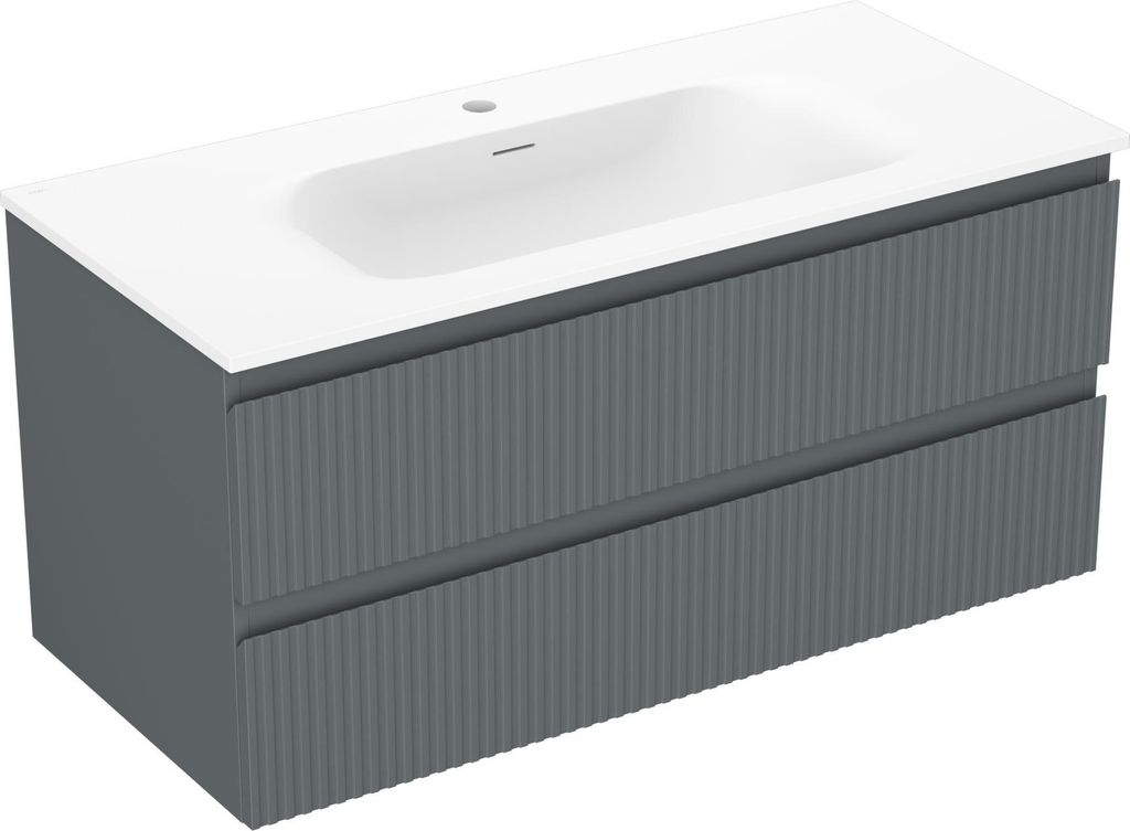 Mexen Rivel Badezimmerschrank 100 cm mit Waschbecken Vela, 2 Schubladen, geriffelt, Graphit matt/Weiß matt - 91A20-10047-2-BFF6?