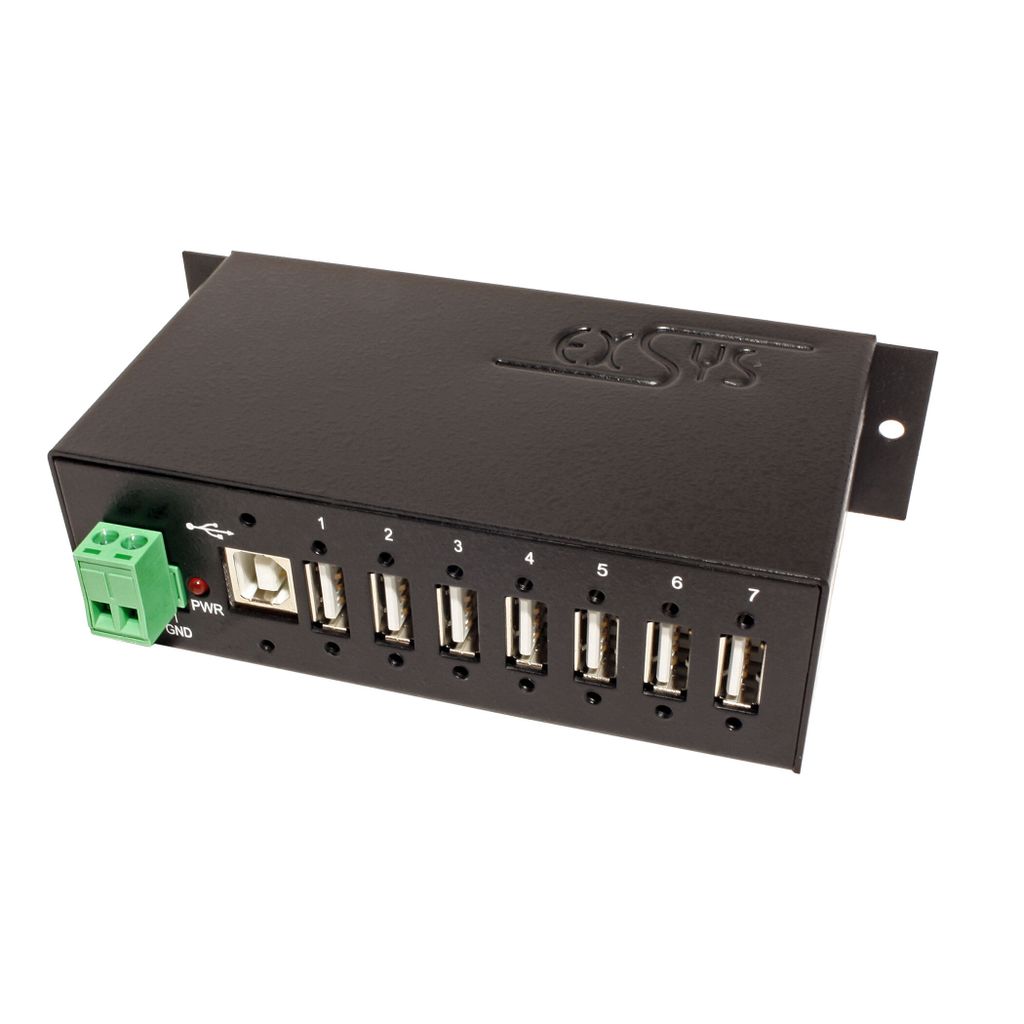 EXSYS USB 2.0 HUB 7-Port, 480 Mbit/Sek, Schwarz, Metall, 250g, USB 2.0, 114,5 x 73 x 26,3 mm
