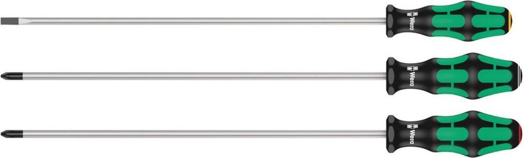 Three screwdrivers are laid out horizontally against a white background.