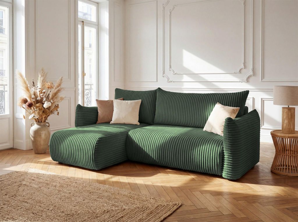 Ecksofa Schlafsofa MAILAND XS in Stoff Grün Ottomane Links
