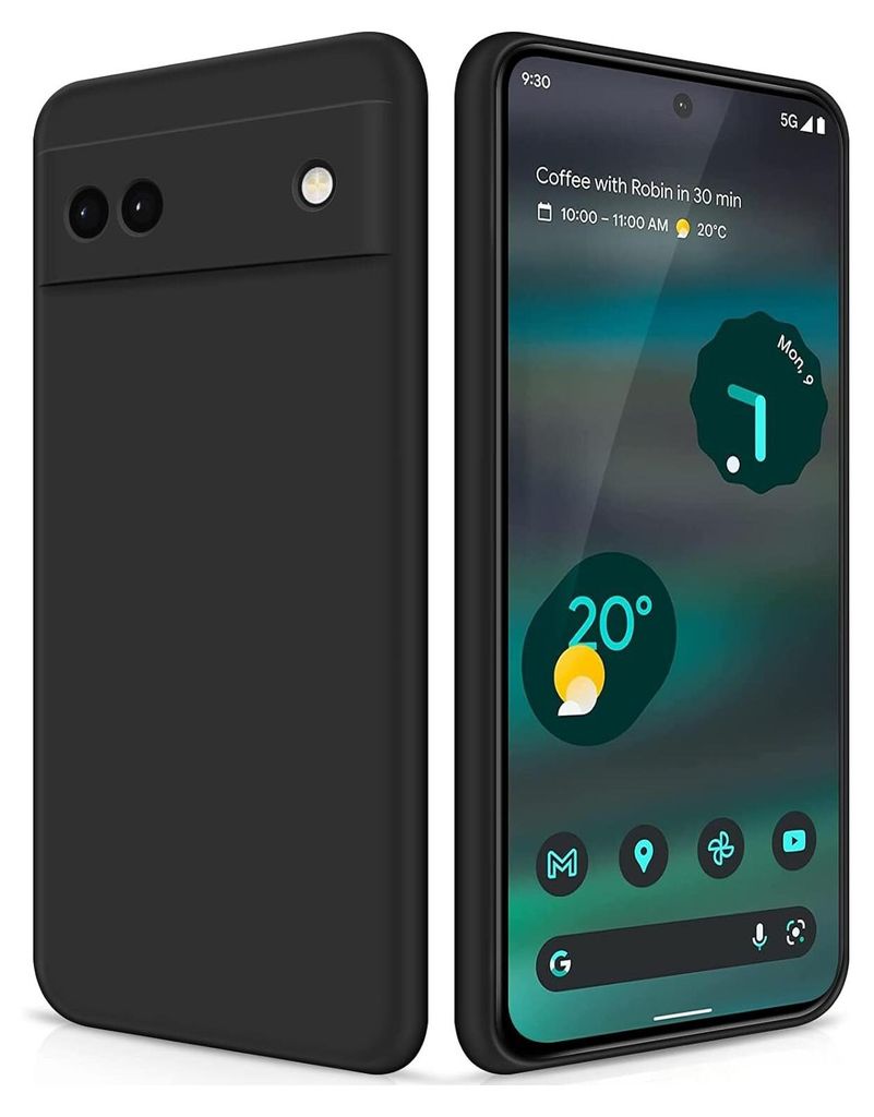 A black phone case is shown next to a smartphone displaying a weather app and calendar.