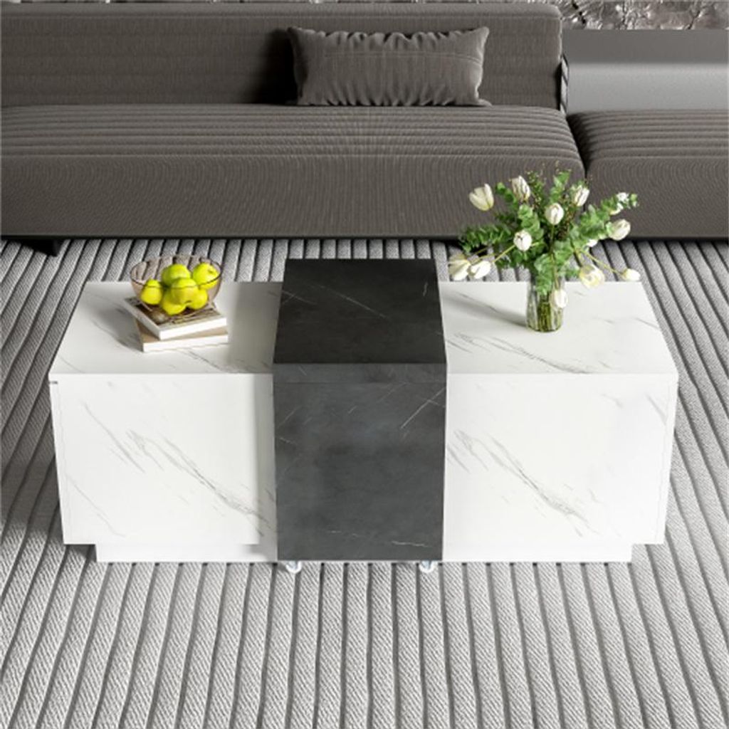 AIORBER Couchtisch, minimalistisches Design, Marmorausführung, große Ablagefläche, auf Rollen, für Wohnzimmer, Büro, 110x 50x 40 cm, Weiß