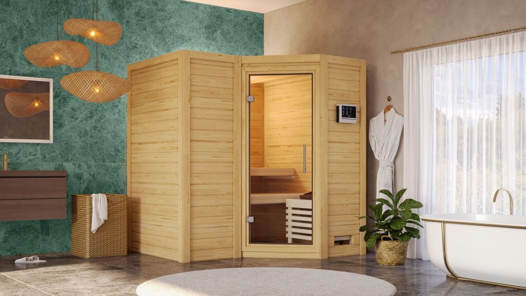 Karibu Sauna Innensauna Sahib 1 Eckeinstieg Ofen 9 kW integr. Strg 193x184x208 cm ohne Dachkranz mit Klarglastür