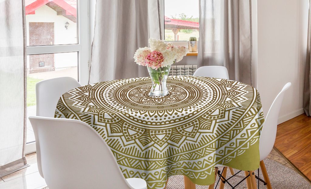 ABAKUHAUS Mandala Runde Tischdecke, Ombre Mandala-Blume, Kreis Tischdecke Abdeckung für Esszimmer Küche Nachbildungation, 150 cm, Senf und Weiß