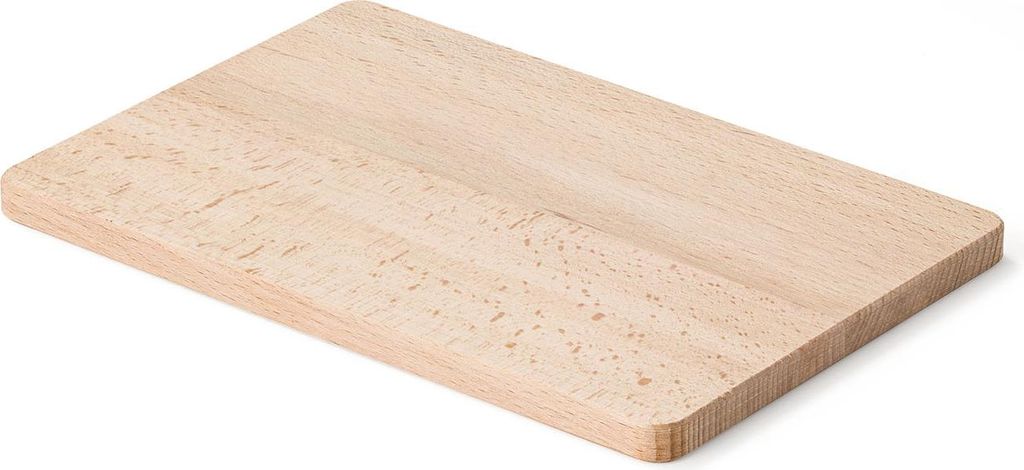 A light brown wooden cutting board is shown on a white background.