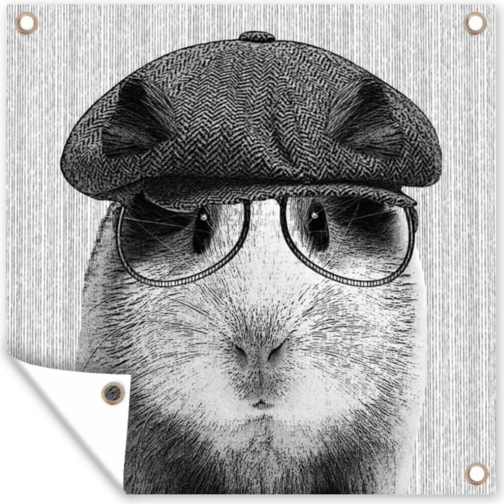 MuchoWow 50x50 cm Outdoor-Poster Gartendeko Sichtschutz Garten Poster für den Garten Meerschweinchen - Baskenmütze - Brille - Hipster