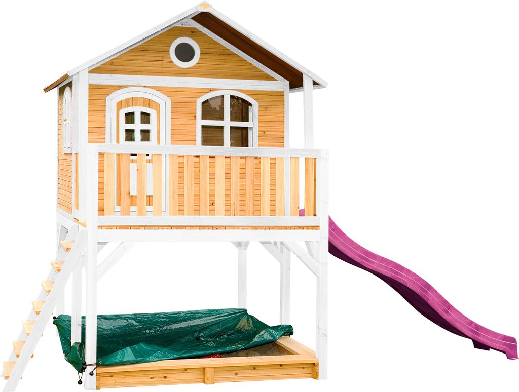 AXI Spielhaus Marc mit Sandkasten & lila Rutsche | Stelzenhaus in Braun & Weiß aus Holz für Kinder | Spielturm mit Wellenrutsche für den Garten