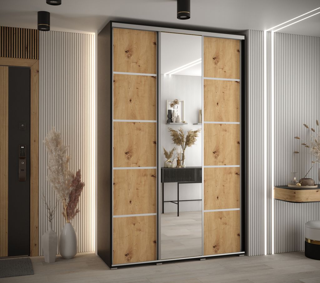 Kleiderschrank YVONA 5 – 160/45 cm, Schwarz/Eiche handwerklich/Silber