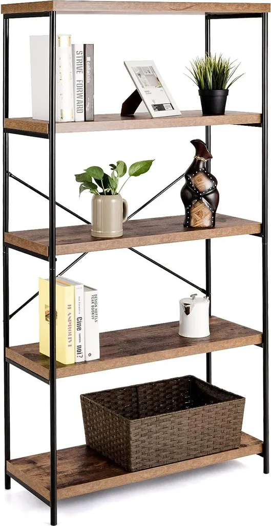Bibliothèque stable 5 niveaux anti-basculement étagère métal brun 160cm