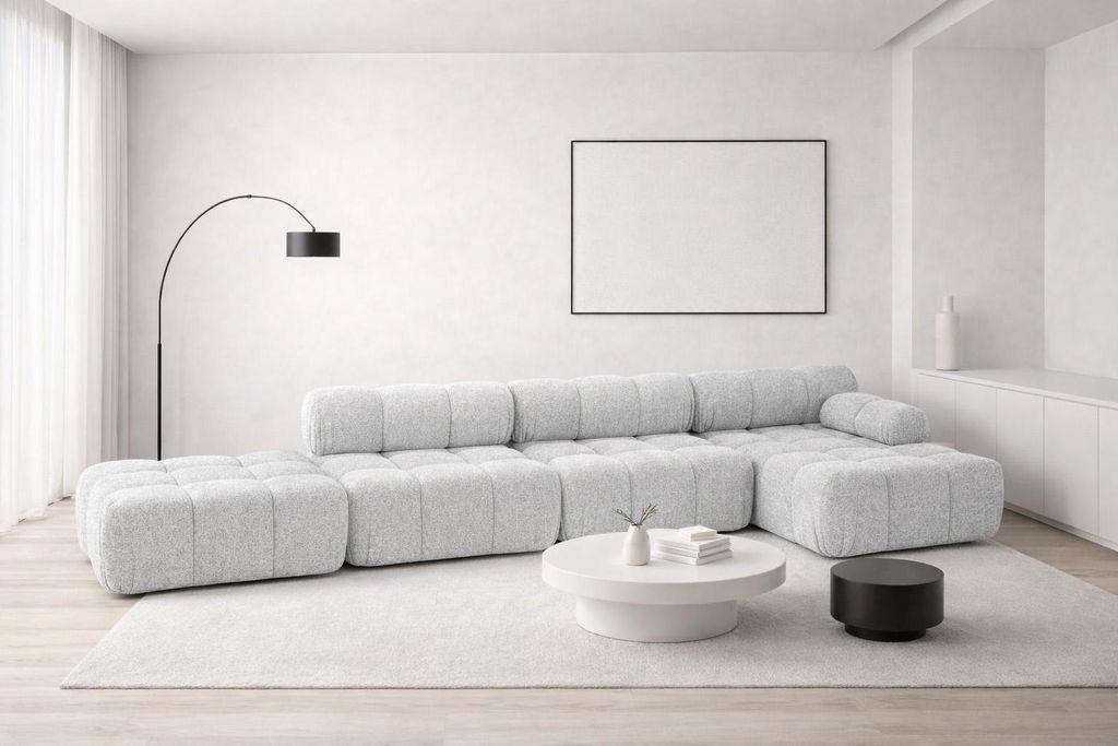 Kaiser Möbel Ecksofa L-Form XL, Stoff Bouclé Abriamo, Hellgrau, Rechts, Selia L XL