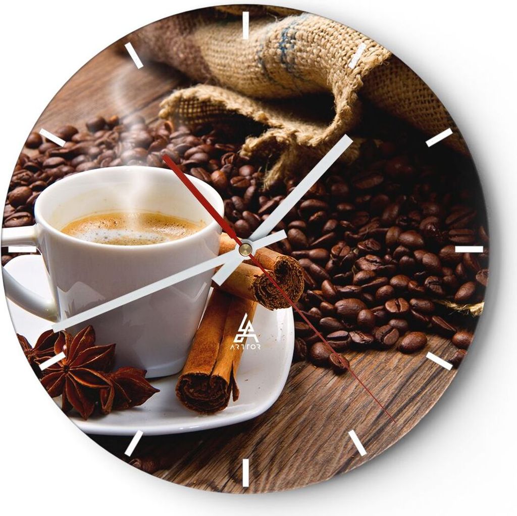 Wanduhr - Rund - Glasuhr - Kaffee schwarz Frühstück Schokolade - 30x30cm - Schleichendes Uhrwerk - Lautlos - zum Aufhängen bereit - Dekoration M...