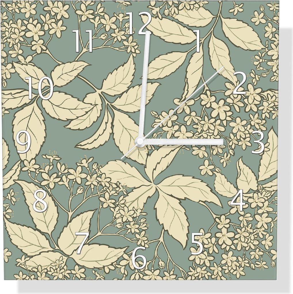 Wallario Design Wanduhr Blätter und Blüten auf Grün aus Echtglas, Größe 30 x 30 cm