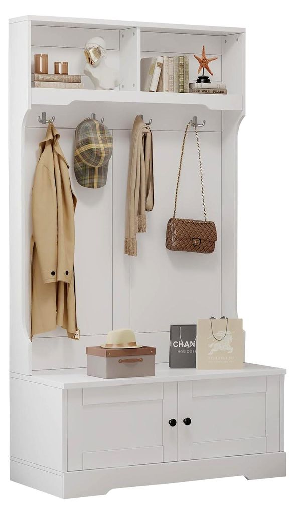 Multifunktionaler Garderobenschrank für den Flur in Weiß - Möbelset mit Sitzbank, 4 Haken und 2 Ablagefächern, Wandgarderobe für (101,5 x 183 ...