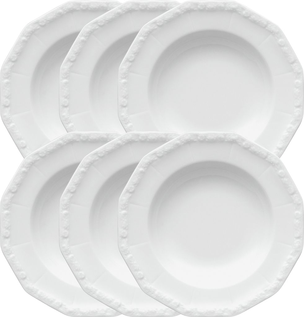 A set of six white Rosenthal Maria Weiss soup plates arranged in two rows.