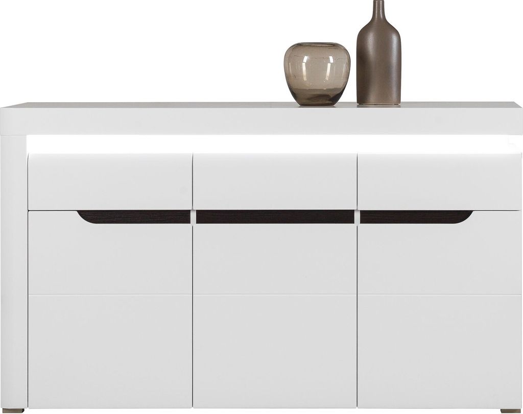 Furniture24 Kommode Irma IM4 Schrank Wohnzimmerschrank Sideboard mit 3 Türen 1 Schublade und Led Beleuchtug Weiß/Weiß Hochglanz