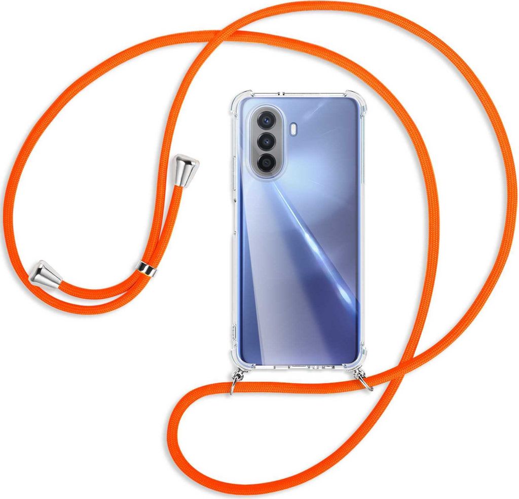 Handykette Backcover-Schutzhülle mit Band (Metall silberfarben) für Huawei nova Y70 4G (MGA-LX9) - neonorange