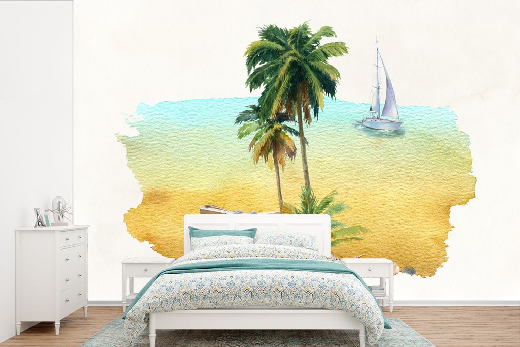 MuchoWow Fototapete für Wohnzimmer oder Schlafzimmer Wandtapete Vinyl Motivtapete Tasche - Boot - Palme - 390x260 cm - Papiertapete