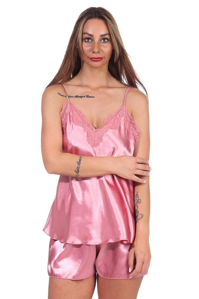 Damen Satin Nachtwäsche Pyjama Set Shorty mit Spitze; Altrosa/S
