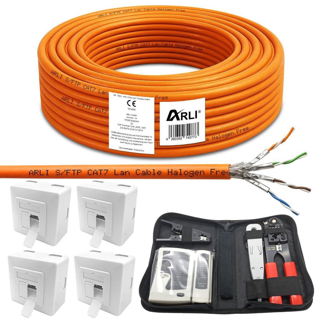 ARLI Cat7 Verlegekabel 50m + 4x Netzwerkdose + Werkzeug Set Produktbild 