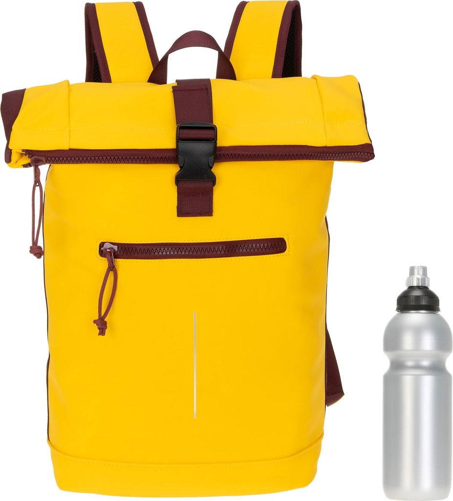 Rucksack Kurierrucksack New Rebels Tim XL A4 Laptopfach Roll-Top Daypack Damen Regenschutz 511289 07 Gelb + bagboom Flasche