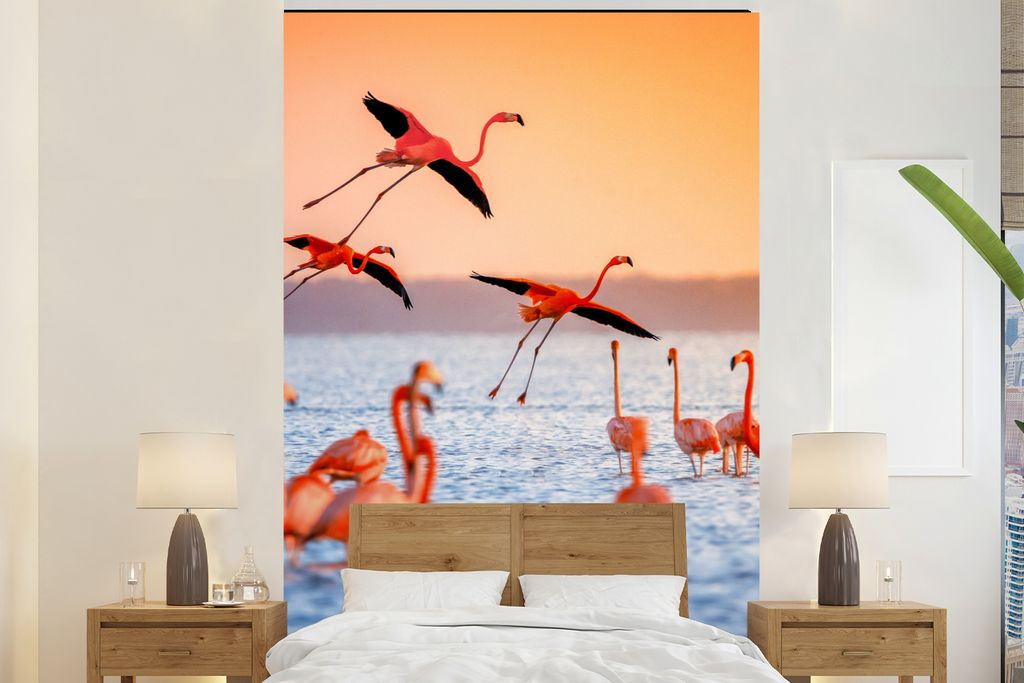 MuchoWow Fototapete für Wohnzimmer oder Schlafzimmer Wandtapete Vinyl Motivtapete Vogel - Flamingo - Wasser - Sonnenuntergang - Rosa - 170x260 c...