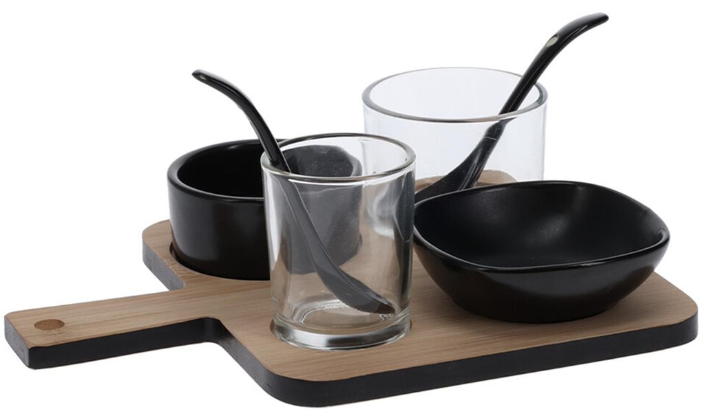 Excellent Houseware Tapas-Servierset, Bambus/Porzellan, 22 x 17 x 6,6 cm, braun/schwarz