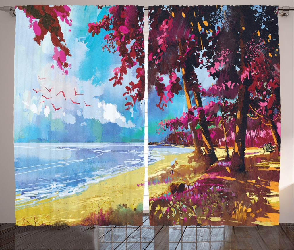 ABAKUHAUS Blumen Rustikaler Gardine, Sommer-Blüten-Bäume, Schlafzimmer Kräuselband Vorhang mit Schlaufen und Haken, 280 x 175 cm, Blau Pink Cream